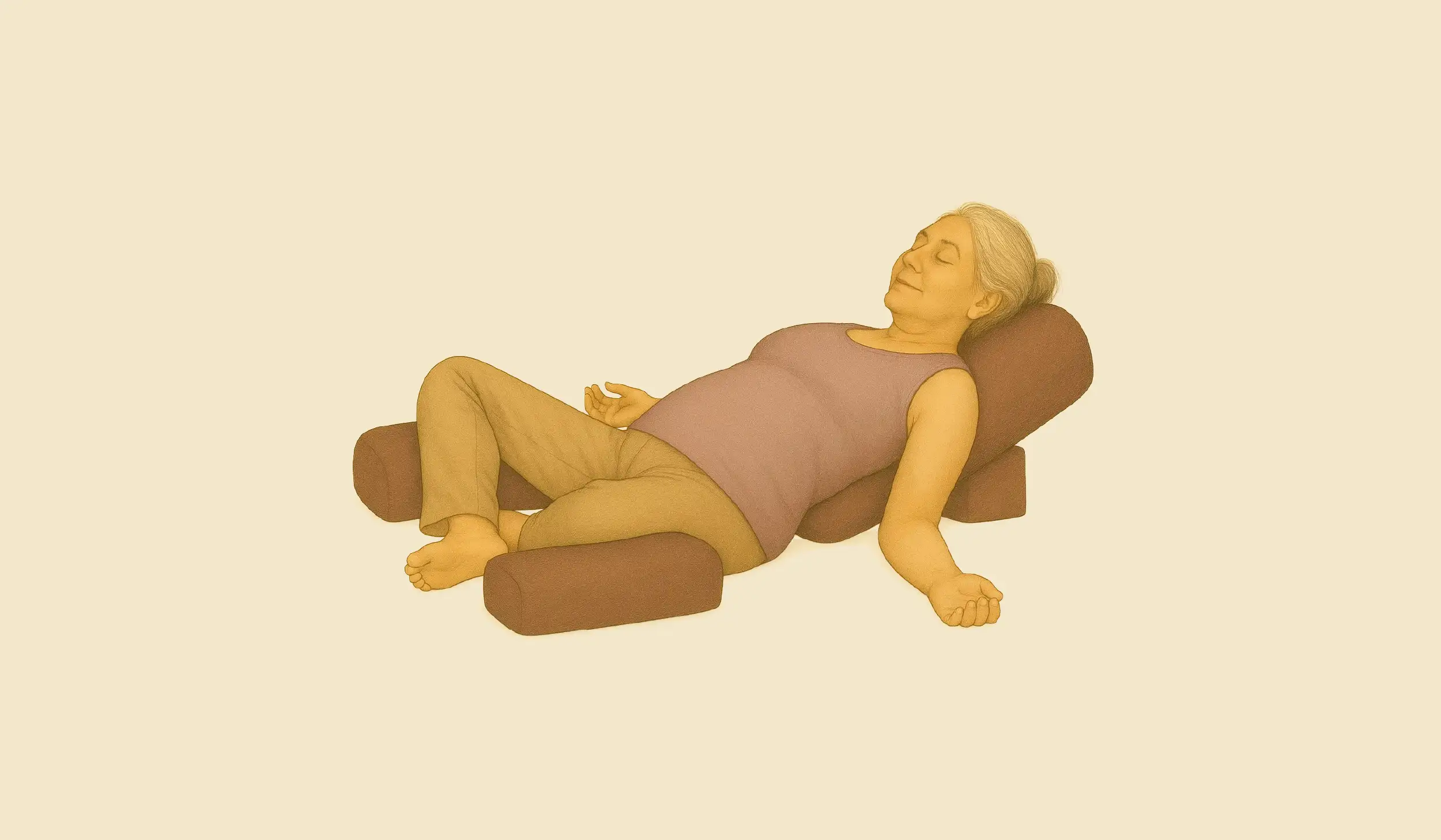 Restorative Yoga – vrouw in ondersteunde liggende houding met bolsters en dekens voor herstel en diepe ontspanning