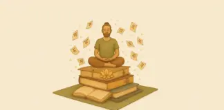 Mediterende yogi zittend op een stapel boeken met Sanskriettekens, als verbeelding van de eeuwenoude lagen in de Yoga Sutra van Patanjali.