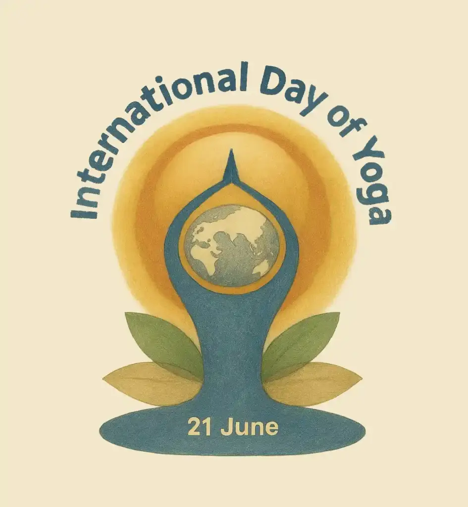 Logo van de Internationale Yogadag van de VN, met yogahouding, wereldbol en zonneschijf – 21 juni 2025.