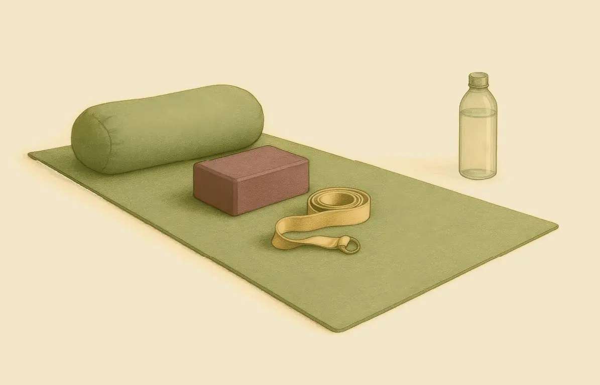 Visie-Tijdensdeles-yogacentrum-amersfoort Illustratie van yogaspullen zoals een mat, bolster, kussen en waterflesje – gebruikt tijdens de yogalessen in Amersfoort.