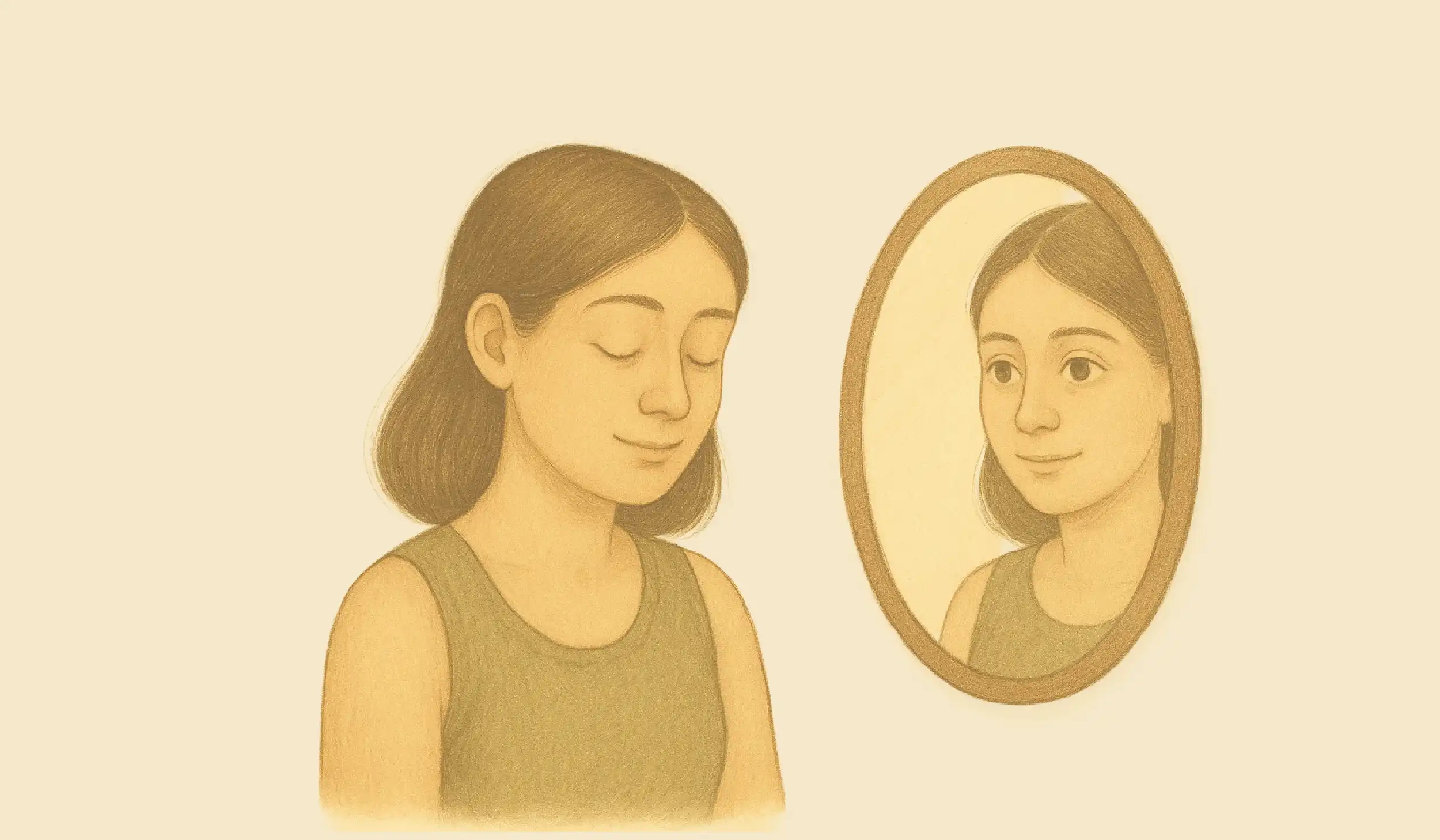 Vrouw kijkt met zachtheid naar zichzelf in de spiegel – illustratie over zelfacceptatie in de polyvagaal theorie workshop.