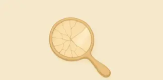 Gebarsten handspiegel als symbool voor zelfbeeld dat versplinterd raakt wanneer je verdwaalt in je gedachten – illustratie bij Soetra 1.4 van Patanjali.