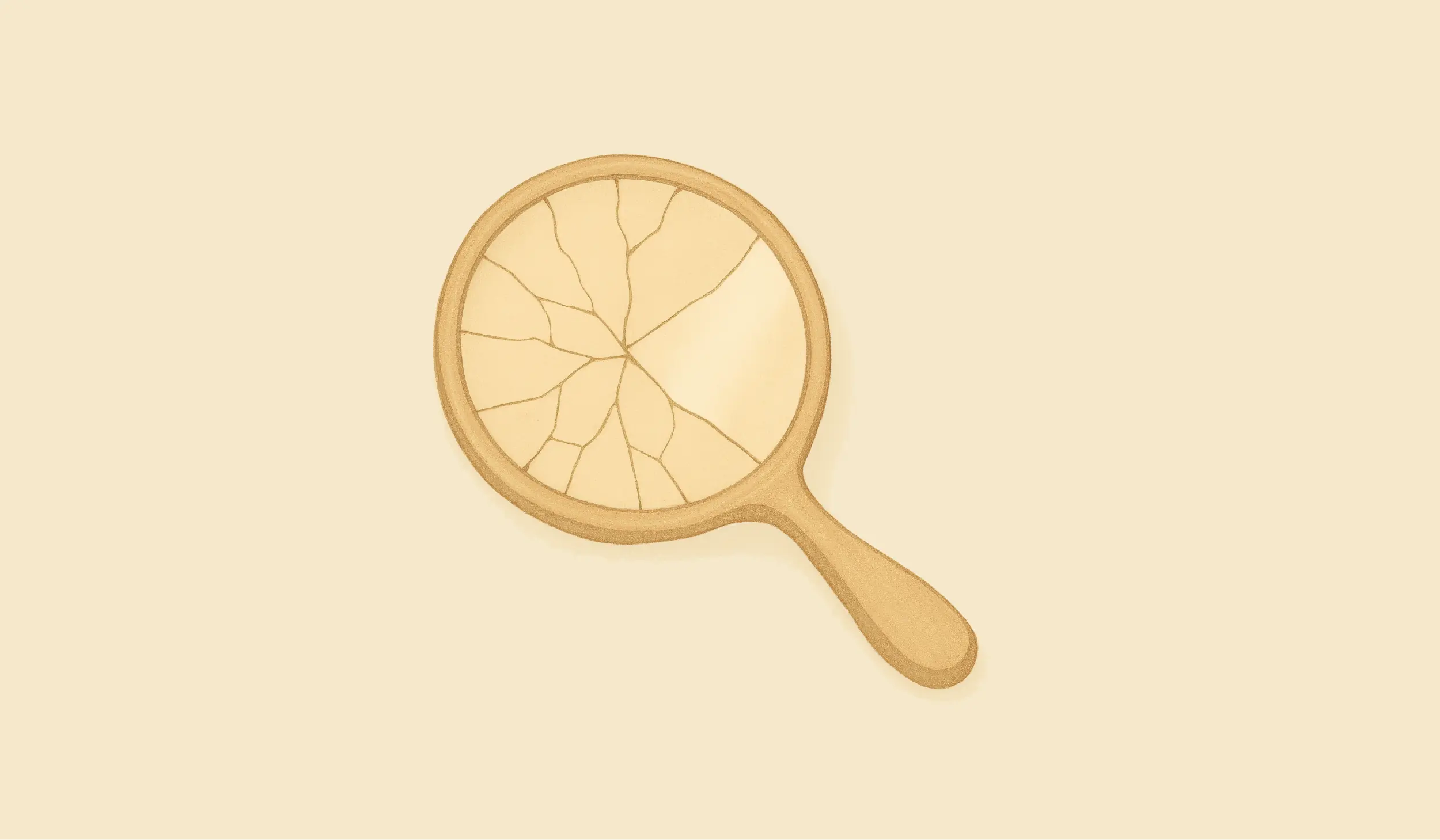 Gebarsten handspiegel als symbool voor zelfbeeld dat versplinterd raakt wanneer je verdwaalt in je gedachten – illustratie bij Soetra 1.4 van Patanjali.