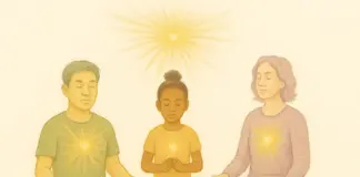 Drie mensen die mediteren met een lichtbron in hun hart als symbool voor innerlijke toewijding en intens verlangen