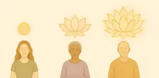 Snelheid van voortuigang: Illustratie van drie mediterende mensen met gesloten ogen, waarbij boven hun hoofd gradaties van spirituele groei worden getoond, passend bij Yoga Soetra 1.22 over mild, gemiddeld en intens oefenen.