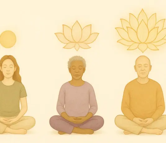 Snelheid van voortuigang: Illustratie van drie mediterende mensen met gesloten ogen, waarbij boven hun hoofd gradaties van spirituele groei worden getoond, passend bij Yoga Soetra 1.22 over mild, gemiddeld en intens oefenen.