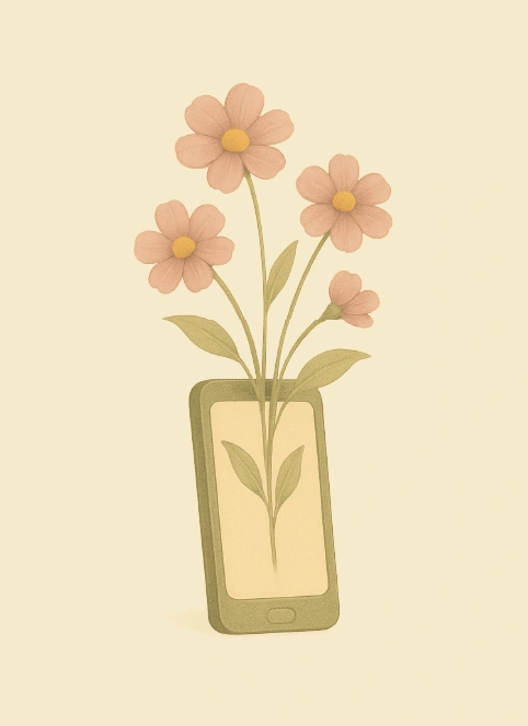 Yogacentrum SoMe Vrij Illustratie van een smartphone met bloemen. Yogacentrum Amersfoort is bewust Social Media vrij. Yoga staat voor 'verbinding' en hoewel social media in het klein de indruk wekt voor verbinding te staan, is het inmiddels overduidelijk dat zowel voor het individu als voor de mondiale gemeenschap de social media meer schade veroorzaken dan goeds brengen.