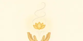 Lotus in handen als symbool voor overgave aan Īśvara (Yoga Soetra 1.23)