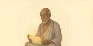 Illustratie van Īśvara als eeuwige leraar, zittend in stilte, passend bij Yoga Soetra 1.26 over tijdloze wijsheid en innerlijke leiding.