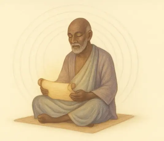 Illustratie van Īśvara als eeuwige leraar, zittend in stilte, passend bij Yoga Soetra 1.26 over tijdloze wijsheid en innerlijke leiding.