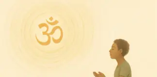 Persoon in meditatie met het OM symbool yoga als aanduiding van Īśvara volgens Yoga Soetra 1.27