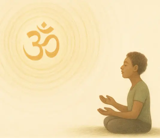 Persoon in meditatie met het OM symbool yoga als aanduiding van Īśvara volgens Yoga Soetra 1.27