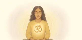 Meditatie op OM volgens Yoga Soetra 1.28, vrouw in zithouding met stralend OM-symbool bij het hart