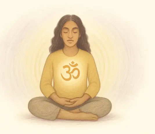 Meditatie op OM volgens Yoga Soetra 1.28, vrouw in zithouding met stralend OM-symbool bij het hart