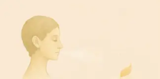 Een vrouw ademt zachtjes uit: De adem als anker voor rust. De rust wordt gesymboliseerd als een veer. Yoga Soetra 1.34