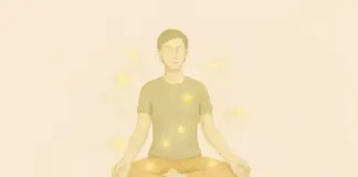Verfijn je aandacht door je te concentreren op subtiele lichaamssensaties. Een man mediteert met gouden bollen, als verwijzing naar plekken waar geldt: verfijn je aandacht.