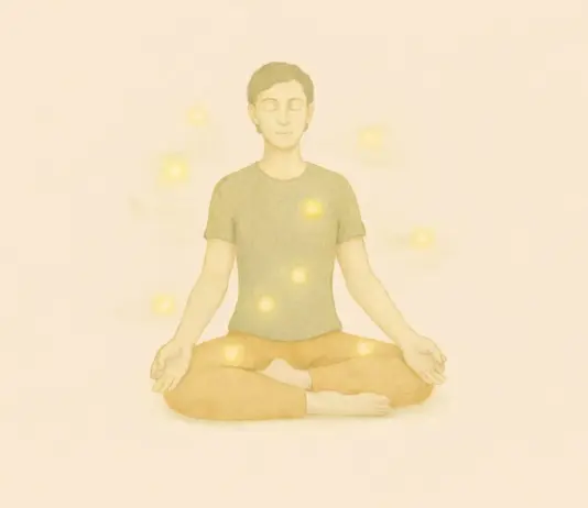 Verfijn je aandacht door je te concentreren op subtiele lichaamssensaties. Een man mediteert met gouden bollen, als verwijzing naar plekken waar geldt: verfijn je aandacht.