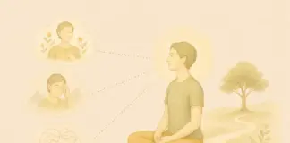 Een persoon zit rustig in meditatiehouding, met gesloten of zachte blik en een lichte gloed rond het hoofd. Hij kan kiezen uit drie wolken: onrust, zorgen en iemand met een heldere geest.