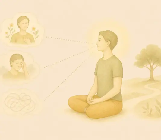 Een persoon zit rustig in meditatiehouding, met gesloten of zachte blik en een lichte gloed rond het hoofd. Hij kan kiezen uit drie wolken: onrust, zorgen en iemand met een heldere geest.