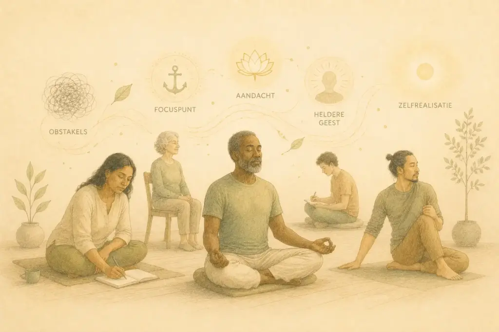 Illustratie van een diverse groep mensen die met een anker hun aandacht richten tijdens yoga en meditatie, als verbeelding van Yoga Soetra 1.46 over concentratie met een anker.